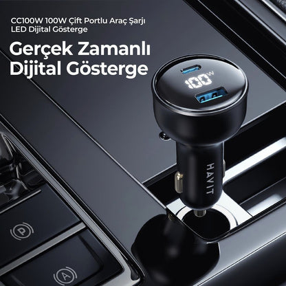 Incarcator Auto HAVIT CC100W Display, 100W, 5A, 1 x USB-A - 1 x USB-C, Negru