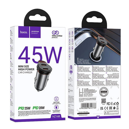 Ładowarka samochodowa HOCO NZ16B, 45W, 3A, 2 x USB-C, Szara