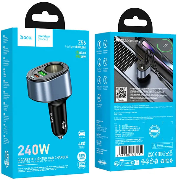 Ładowarka samochodowa HOCO Z56, 35W, 3A, 1 x USB-A - 1 x USB-C - 1 x Przedłużacz zapalniczki, Czarny