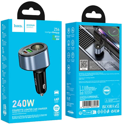 Ładowarka samochodowa HOCO Z56, 35W, 3A, 1 x USB-A - 1 x USB-C - 1 x Przedłużacz zapalniczki, Czarny