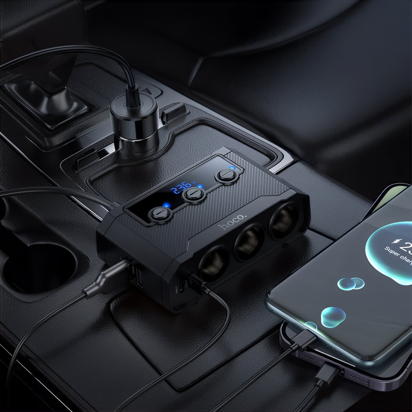 Ładowarka samochodowa HOCO Z64, 15.5W, 3.1A, 2 x USB-A - 2 x USB-C - 3 x Rozszerzenie zapalniczki, Czarny