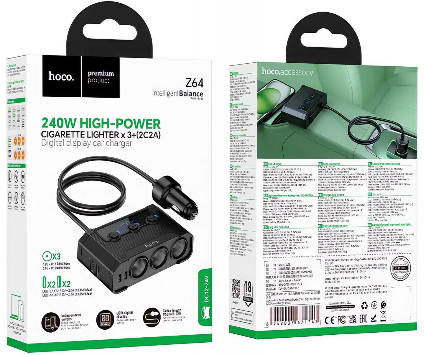 Ładowarka samochodowa HOCO Z64, 15.5W, 3.1A, 2 x USB-A - 2 x USB-C - 3 x Rozszerzenie zapalniczki, Czarny
