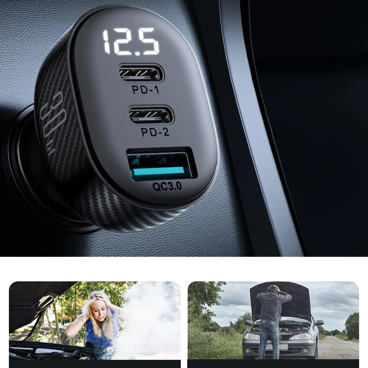 Ładowarka samochodowa Joyroom JR-CCD04, 30W, 3A, 1 x USB-A - 2 x USB-C, Czarny