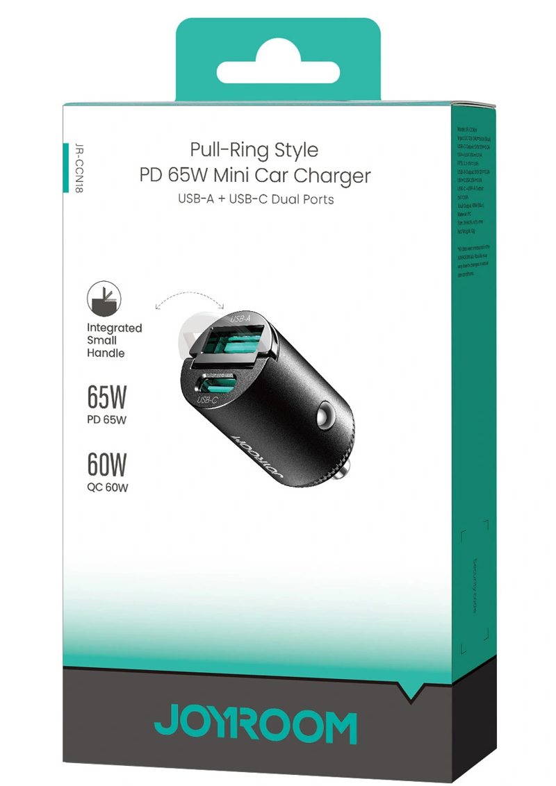 Ładowarka samochodowa Joyroom JR-CCN18, 65W, 1 x USB-A - 1 x USB-C, Czarny