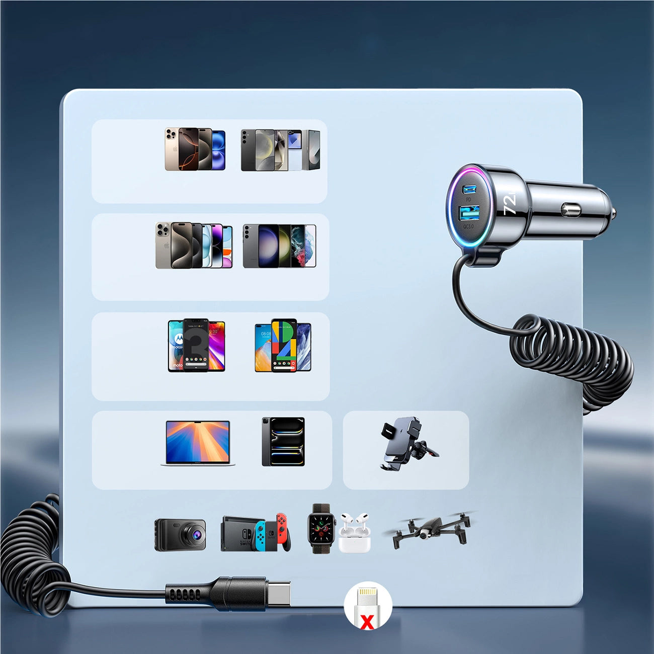 Ładowarka samochodowa z kablem USB-C Joyroom JR-CL07, 72W, 3A, 1 x USB-A - 1 x USB-C, Czarna
