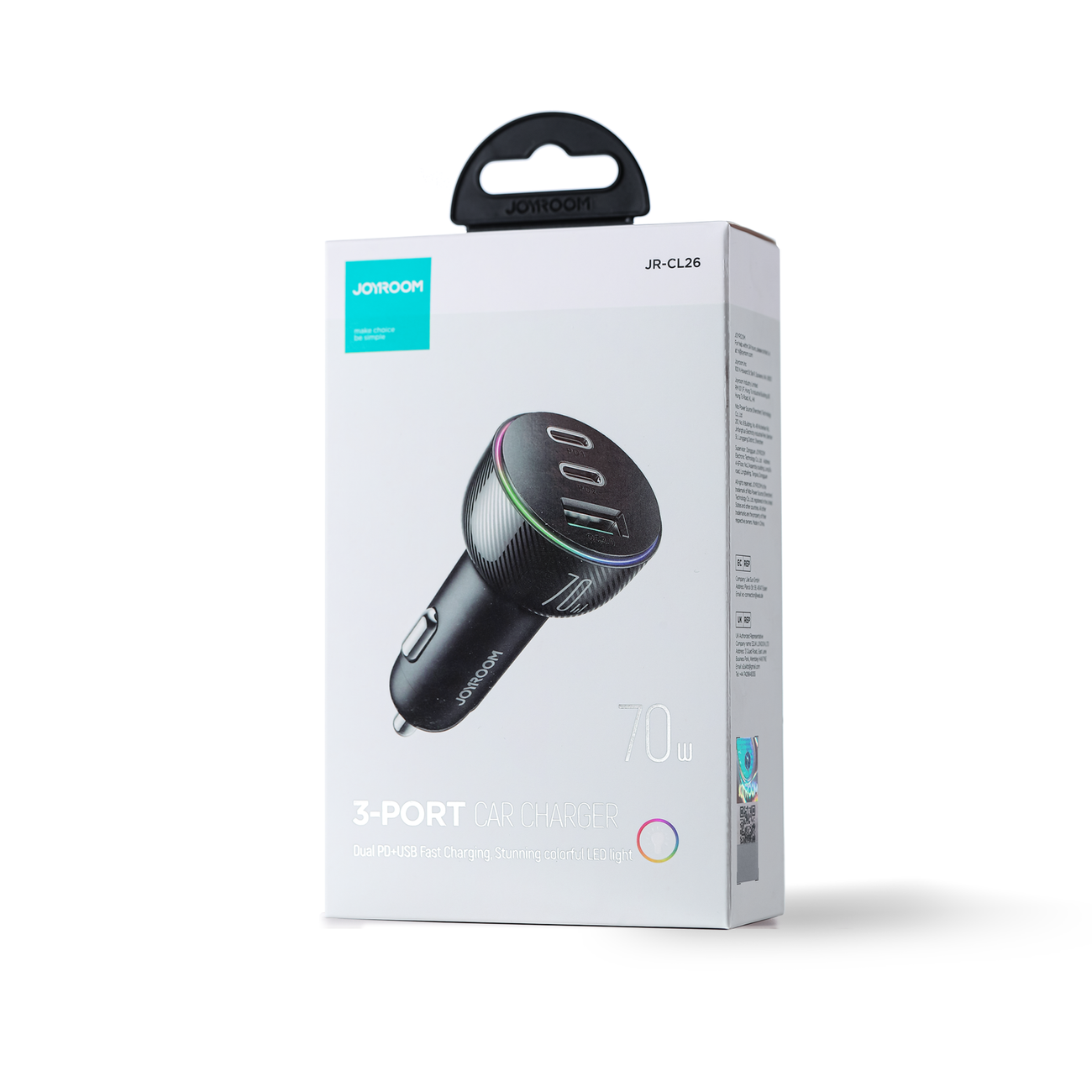 Ładowarka samochodowa Joyroom JR-CL26, 70W, 4.8A, 1 x USB-A - 2 x USB-C, Czarna