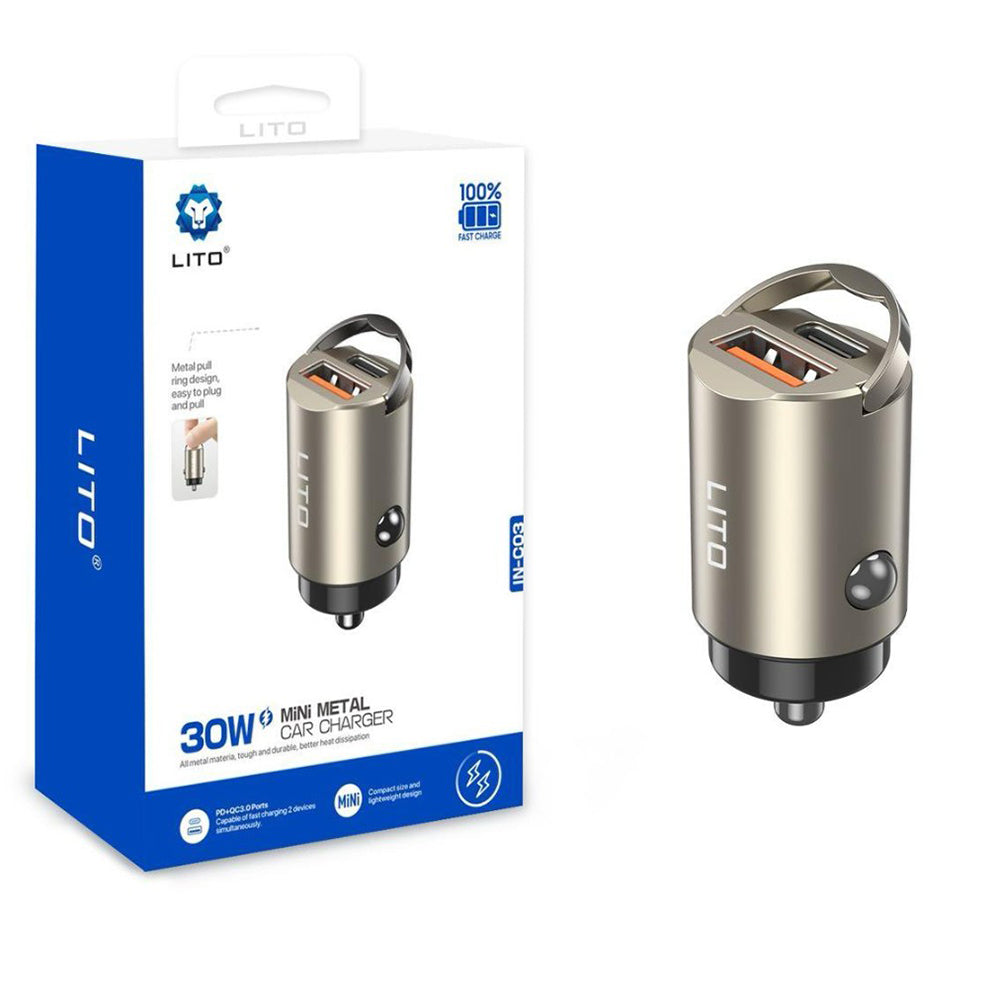 Ładowarka samochodowa Lito IN-C03, 30W, 3A, 1 x USB-A - 1 x USB-C, Szara