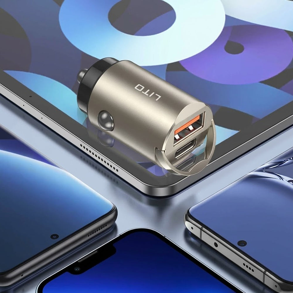 Ładowarka samochodowa Lito IN-C03, 30W, 3A, 1 x USB-A - 1 x USB-C, Szara