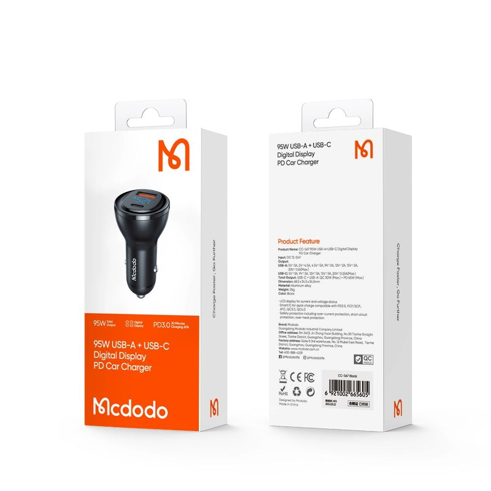 Ładowarka samochodowa McDodo CC-5670 Display, 95W, 5A, 1 x USB-A - 1 x USB-C, Czarny