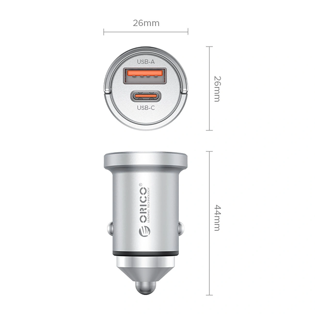 Ładowarka samochodowa Orico MiniRing Pro, 45W, 3A, 1 x USB-A - 1 x USB-C, Srebrny