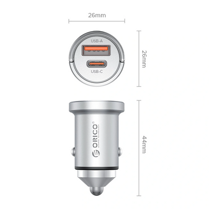 Ładowarka samochodowa Orico MiniRing Pro, 45W, 3A, 1 x USB-A - 1 x USB-C, Srebrny