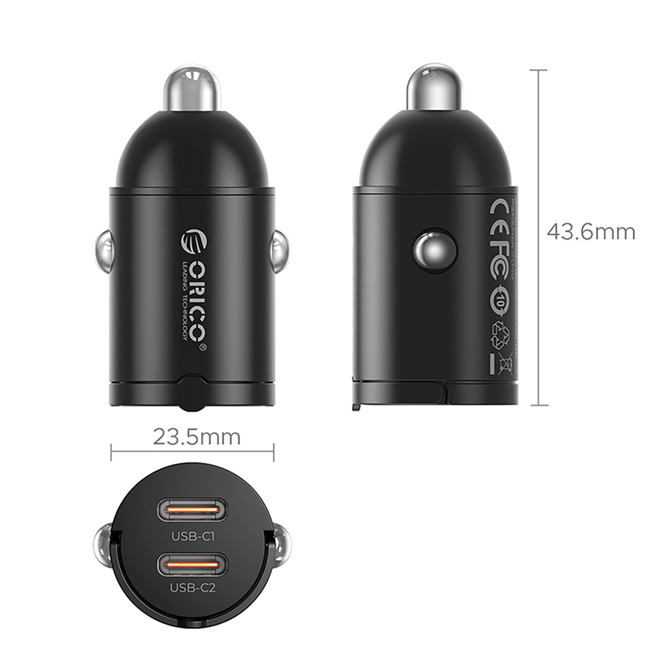 Ładowarka samochodowa Orico MiniRing, 30W, 3A, 2 x USB-C, Czarny