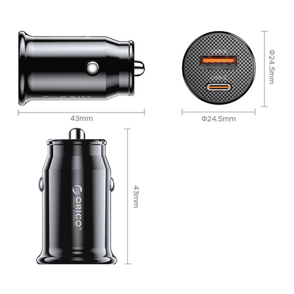 Ładowarka samochodowa Orico PowerMini, 30W, 3A, 1 x USB-A - 1 x USB-C, Czarny