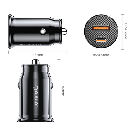 Orico PowerMini Car Charger, 30W, 3A, 1 x USB-A - 1 x USB-C, Black