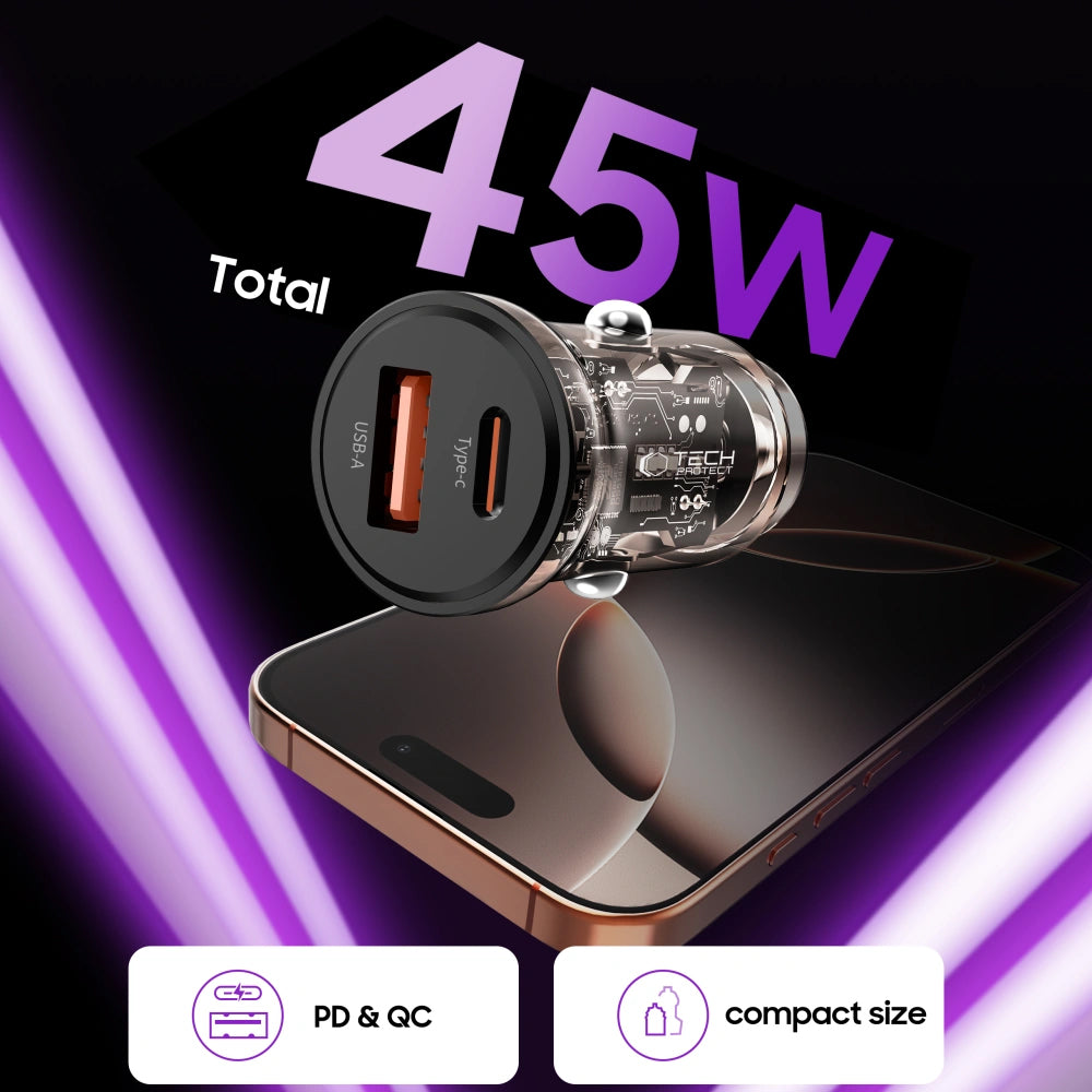 Ładowarka samochodowa Tech-Protect CC01, 45W, 5A, 1 x USB-A - 1 x USB-C, Czarny