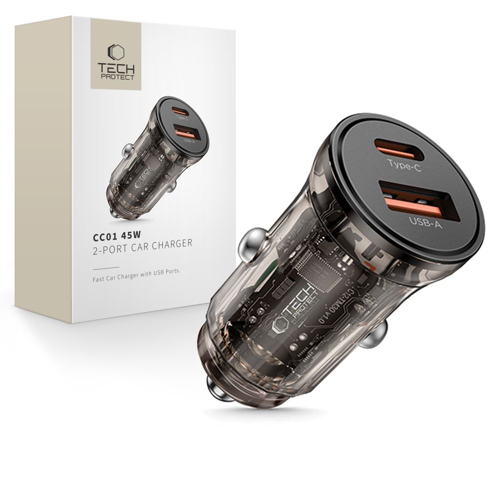Ładowarka samochodowa Tech-Protect CC01, 45W, 5A, 1 x USB-A - 1 x USB-C, Czarny