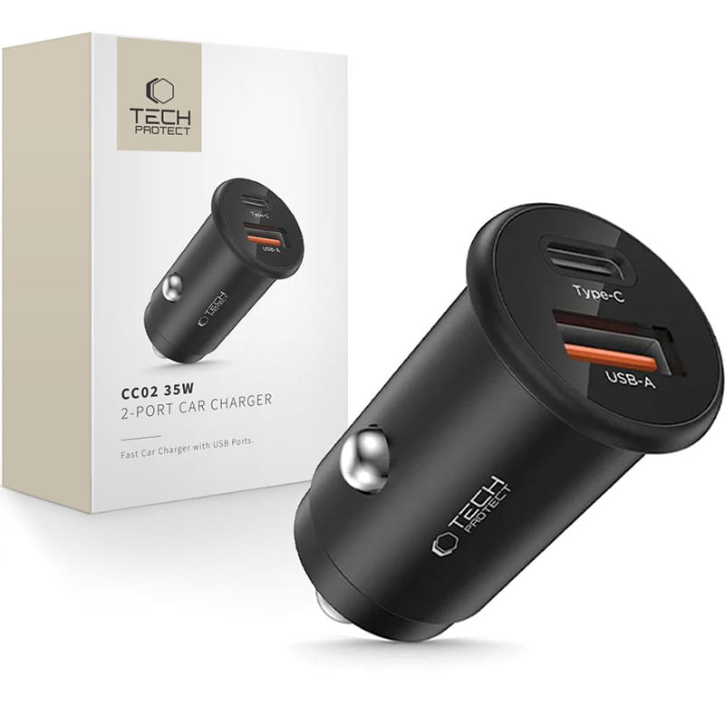 Ładowarka samochodowa Tech-Protect CC02, 35W, 3A, 1 x USB-A - 1 x USB-C, Czarna