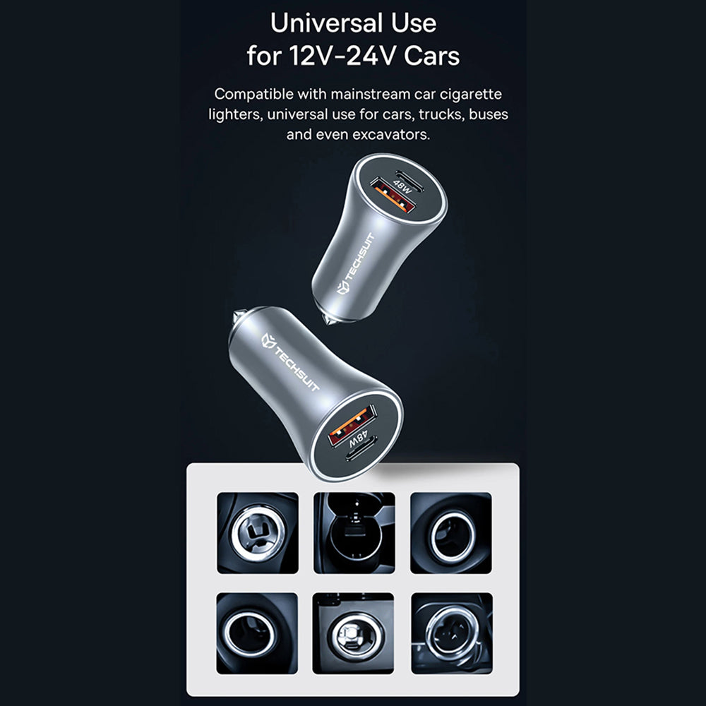 Ładowarka samochodowa Techsuit C3 RescueVolt, 48W, 3A, 1 x USB-A - 1 x USB-C, Szara