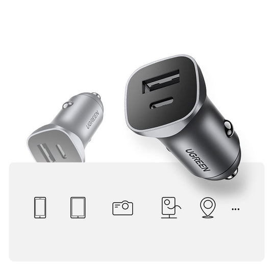 Ładowarka samochodowa UGREEN CD130, 24W, 3A, 1 x USB-A - 1 x USB-C, Szara