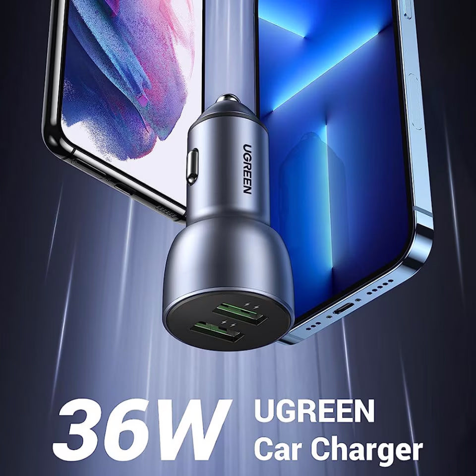 Ładowarka samochodowa UGREEN CD213, 36W, 3A, 2 x USB-A, szara 