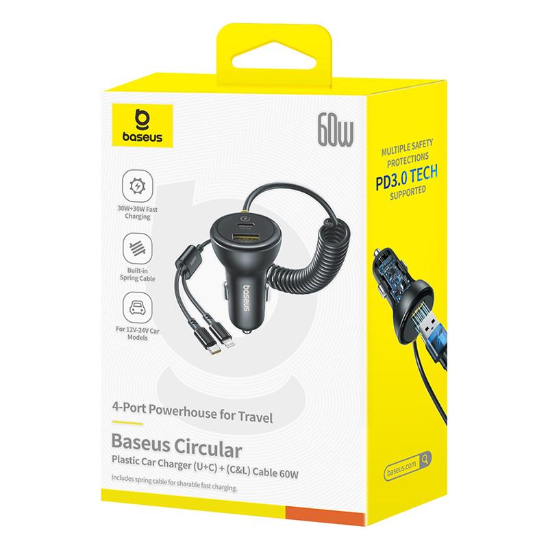 Ładowarka samochodowa z kablem USB-C / Lightning Baseus Circular, 60W, 3A, 1 x USB-A - 1 x USB-C, Czarna C00035902121-00