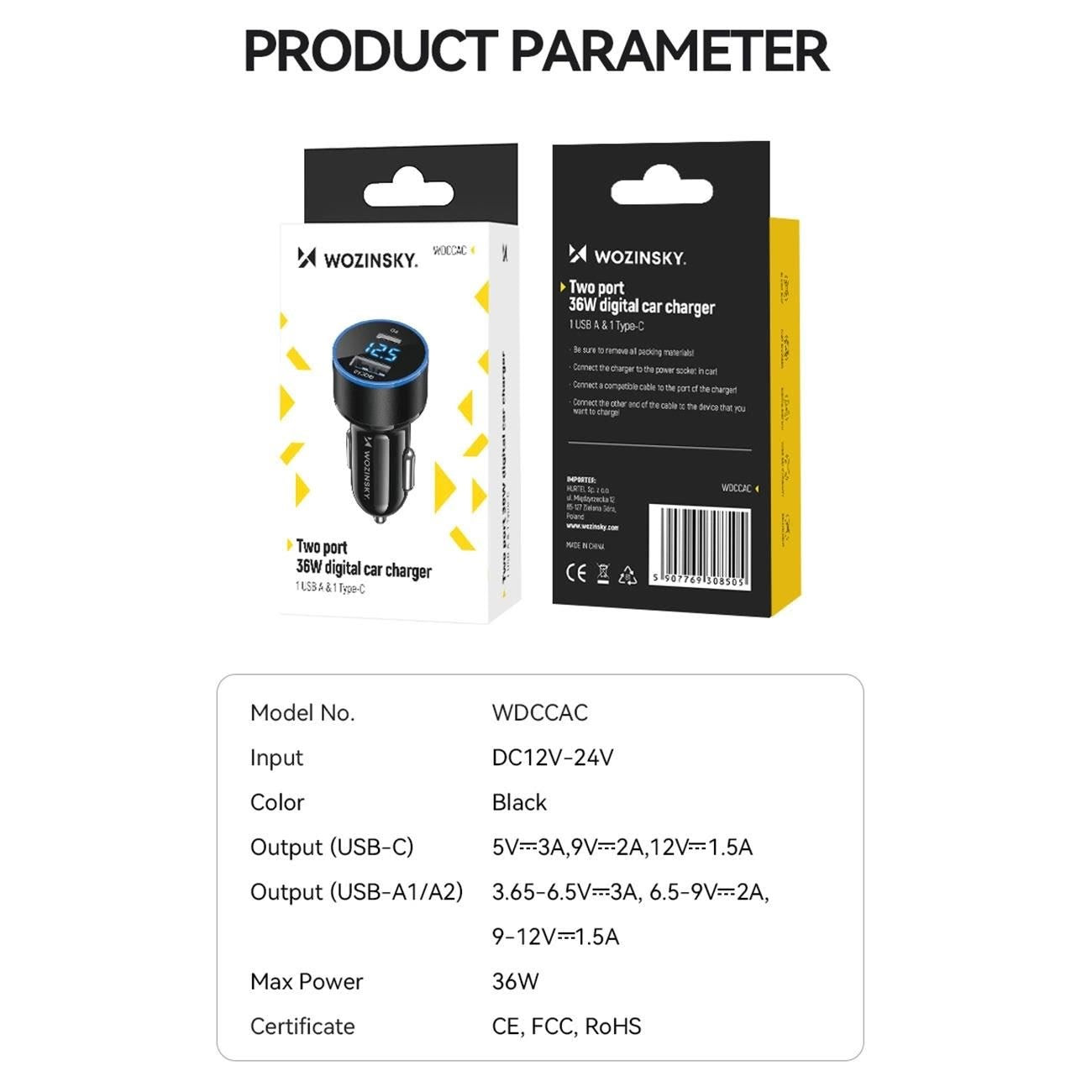 Ładowarka samochodowa WZK WDCCAC, 36W, 3A, 1 x USB-A - 1 x USB-C, czarna 