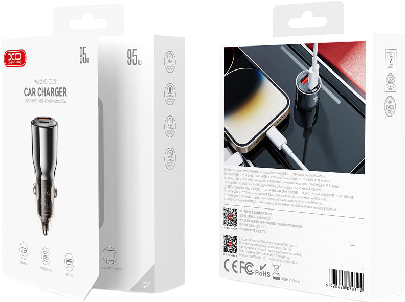 Ładowarka samochodowa XO Design CC58, 95W, 3.25A, 1 x USB-A - 1 x USB-C, Czarny