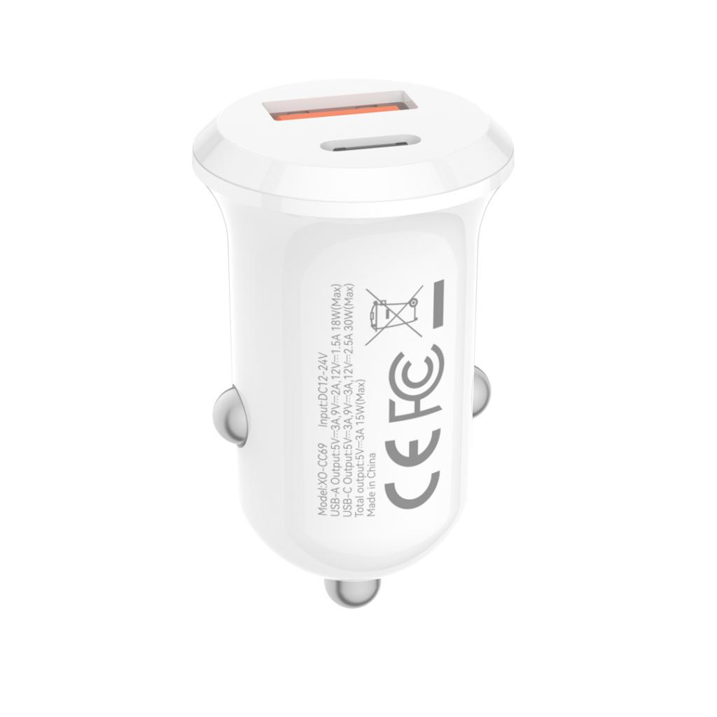 Ładowarka samochodowa XO Design CC69, 30W, 3A, 1 x USB-A - 1 x USB-C, Biała