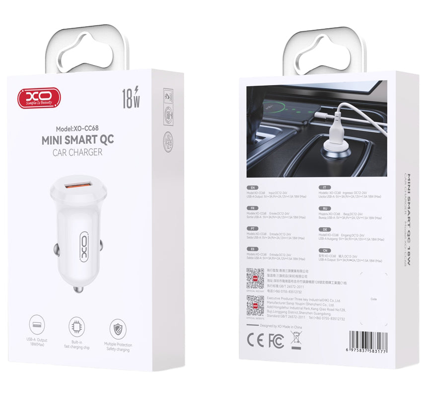 Ładowarka samochodowa XO Design CC68, 18W, 3A, 1 x USB-A, Biała