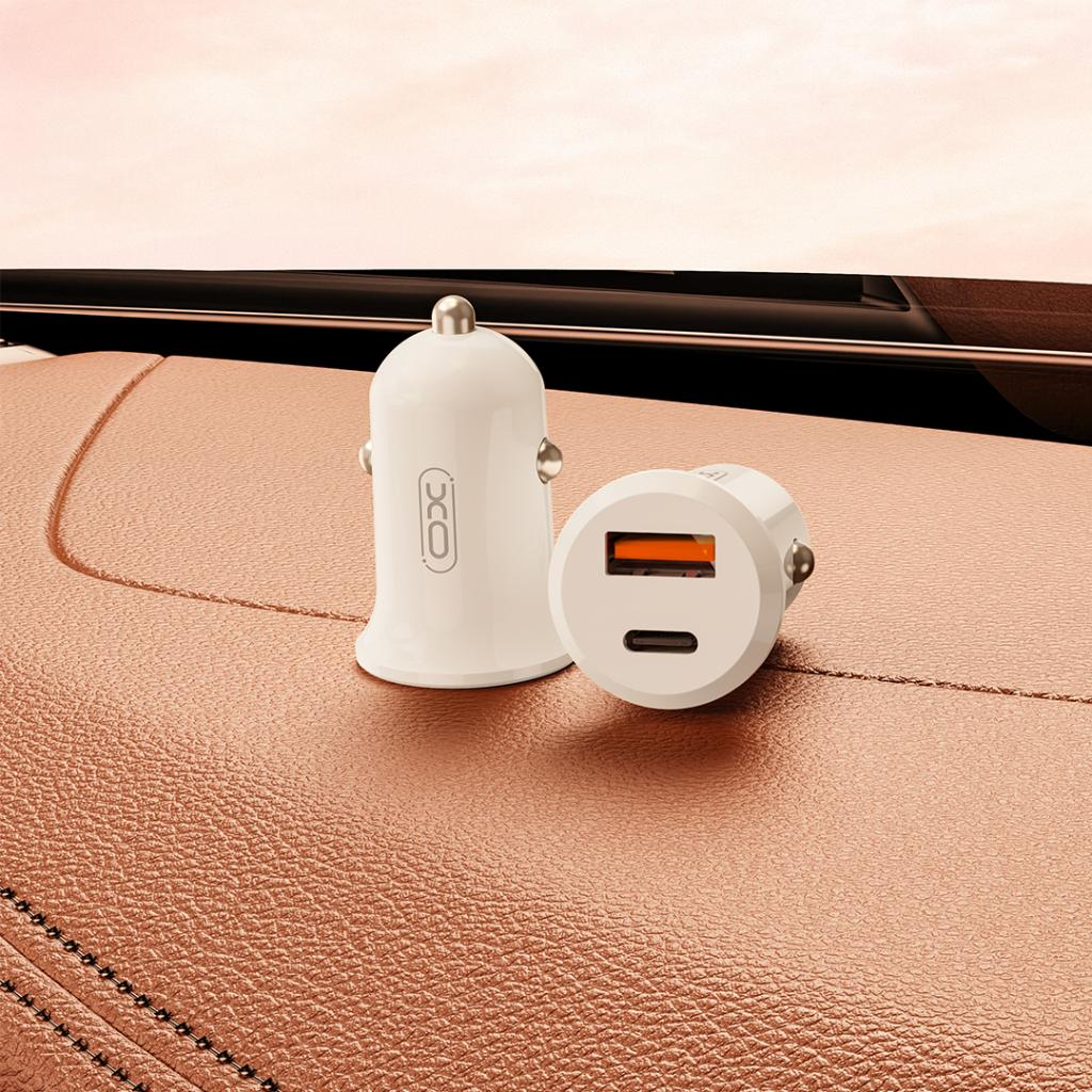 Ładowarka samochodowa XO Design CC69, 30W, 3A, 1 x USB-A - 1 x USB-C, Biała