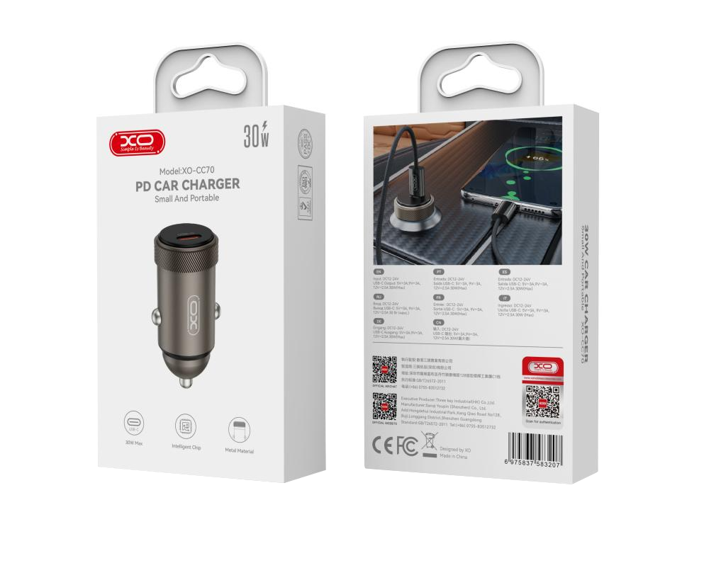 Ładowarka samochodowa XO Design CC70, 30W, 3A, 1 x USB-C, Czarny
