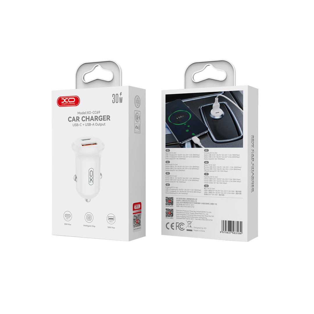 Ładowarka samochodowa XO Design CC69, 30W, 3A, 1 x USB-A - 1 x USB-C, Biała