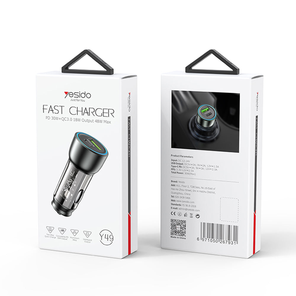 Ładowarka samochodowa Yesido Y49, 30W, 3A, 1 x USB-A - 1 x USB-C, Szara