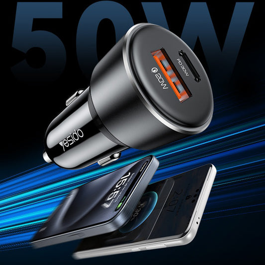 Ładowarka samochodowa Yesido Y64, 50W, 3A, 1 x USB-A - 1 x USB-C, Czarny