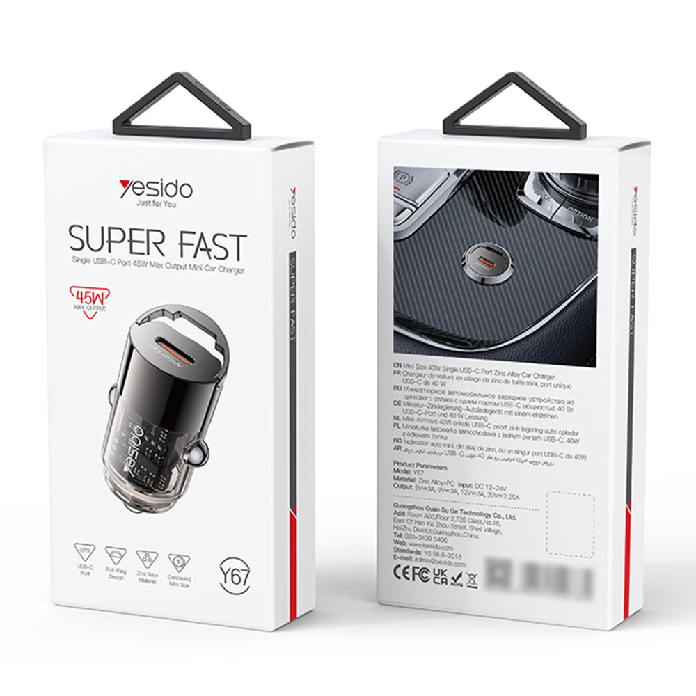Ładowarka samochodowa Yesido Y67, 45W, 3A, 1 x USB-C, Czarna