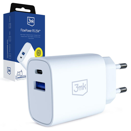 Ładowarka sieciowa 3MK FlowPower, 25W, 1 x USB-A - 1 x USB-C, Biała