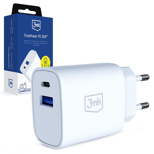 Ładowarka sieciowa 3MK FlowPower, 30W, 1 x USB-A - 1 x USB-C, Biała