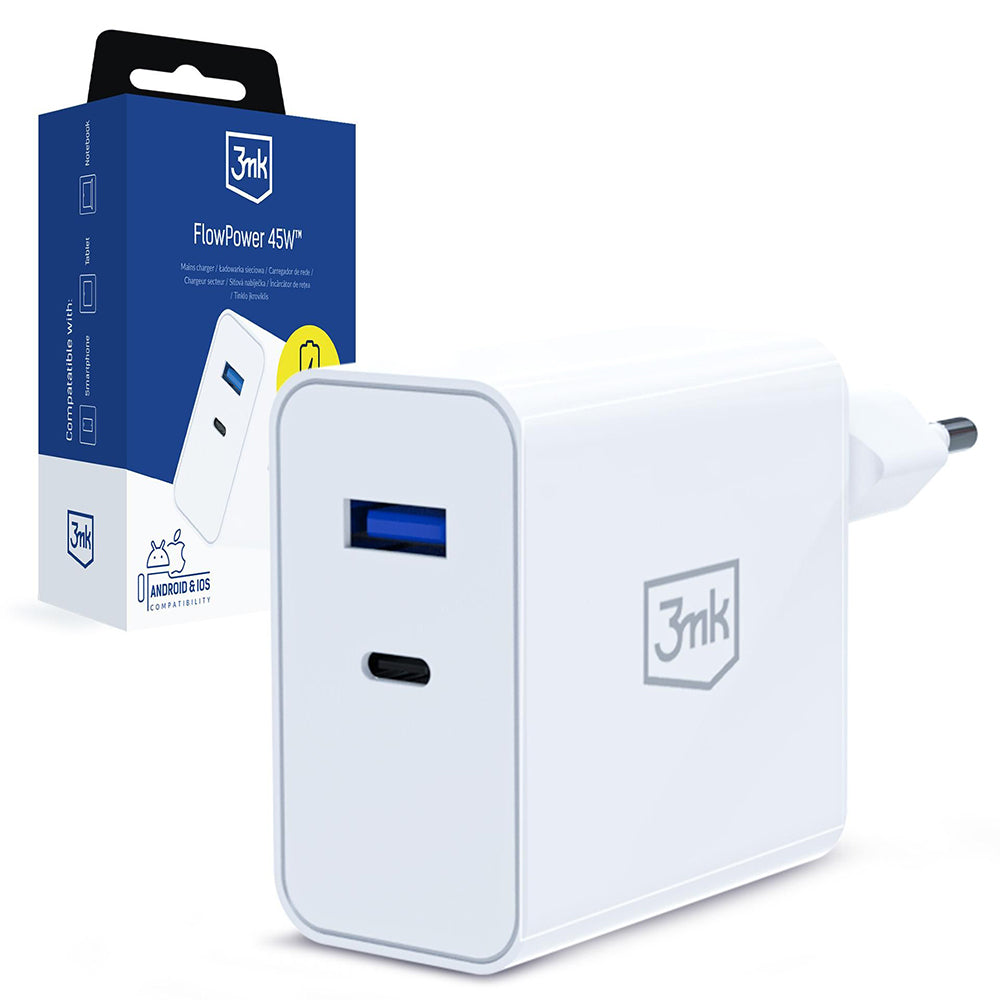 Ładowarka sieciowa 3MK FlowPower, 45W, 1 x USB-A - 1 x USB-C, Biała