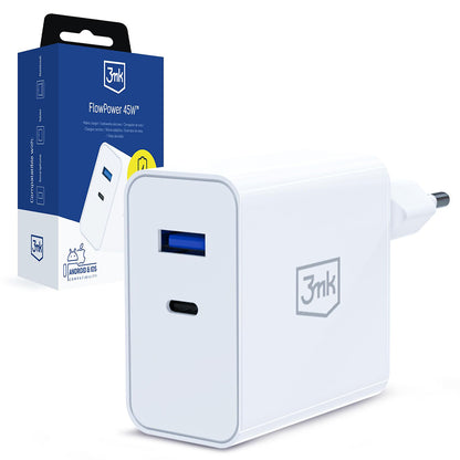 Ładowarka sieciowa 3MK FlowPower, 45W, 1 x USB-A - 1 x USB-C, Biała