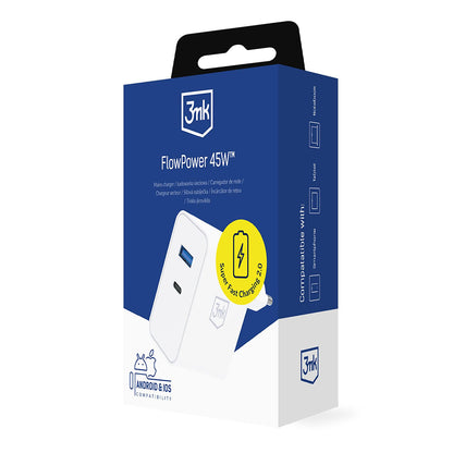 Ładowarka sieciowa 3MK FlowPower, 45W, 1 x USB-A - 1 x USB-C, Biała