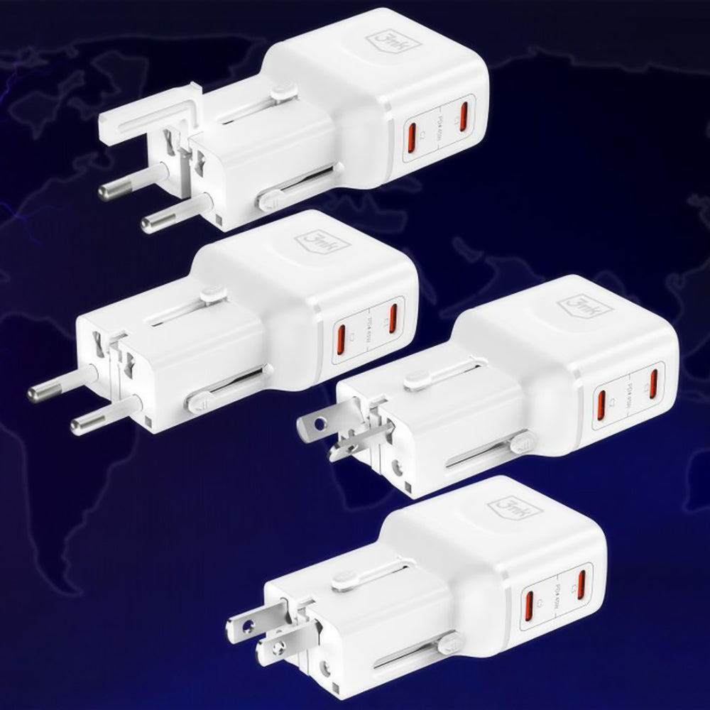 3MK Globe Travel Wall Charger, 45W, 3A, 2 x USB-C, White