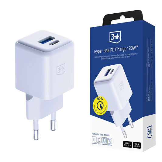 Ładowarka sieciowa 3MK Hyper, 20W, 3A, 1 x USB-A - 1 x USB-C, Biała