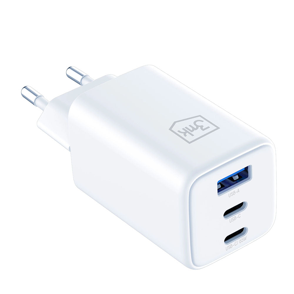 Ładowarka sieciowa 3MK Hyper, 65W, 3.25A, 1 x USB-A - 2 x USB-C, Biała
