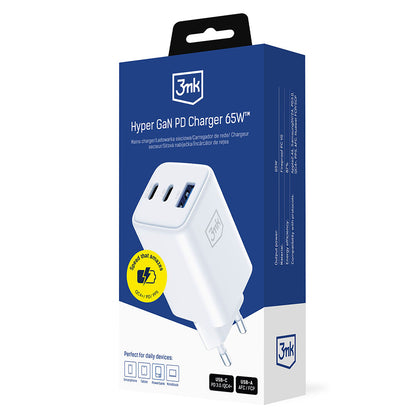 Ładowarka sieciowa 3MK Hyper, 65W, 3.25A, 1 x USB-A - 2 x USB-C, Biała