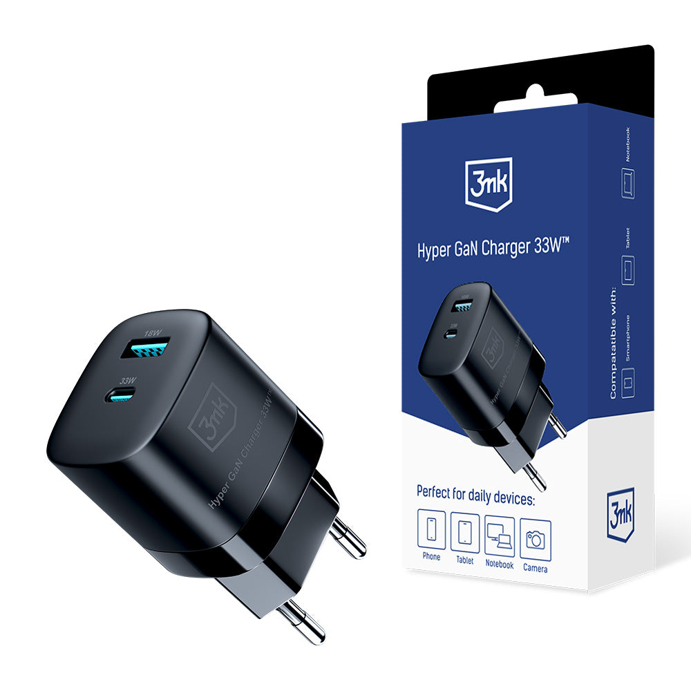 Ładowarka sieciowa 3MK HyperCharger GaN, 33W, 3A, 1 x USB-A - 1 x USB-C, czarna 