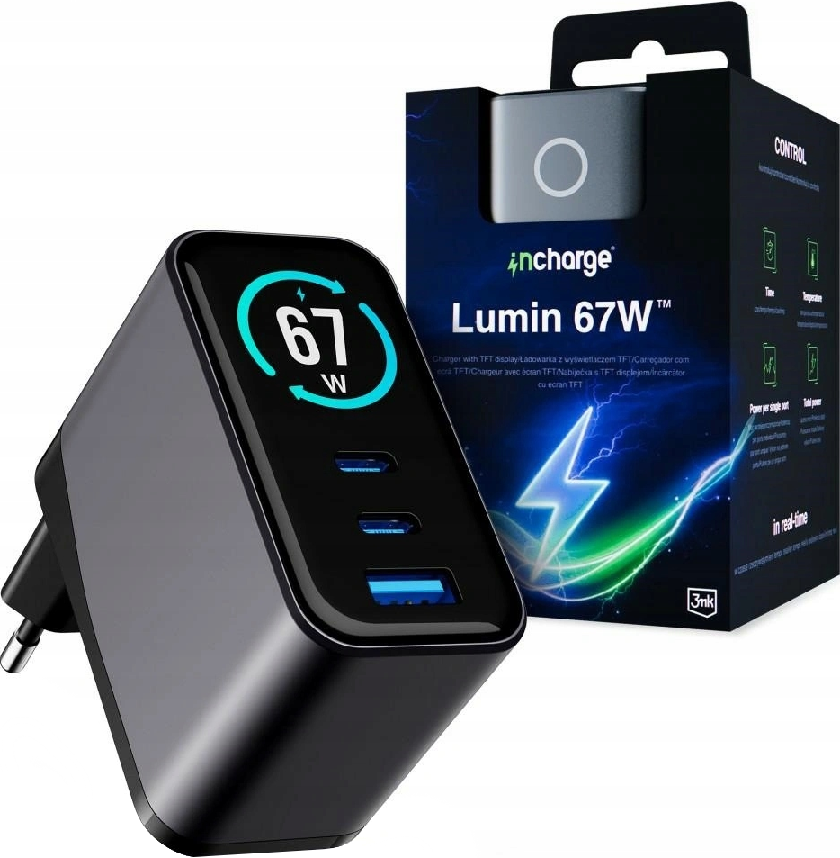 3MK InCharge Lumin Display Wall Charger, 67W, 5A, 1 x USB-A - 2 x USB-C, Black
