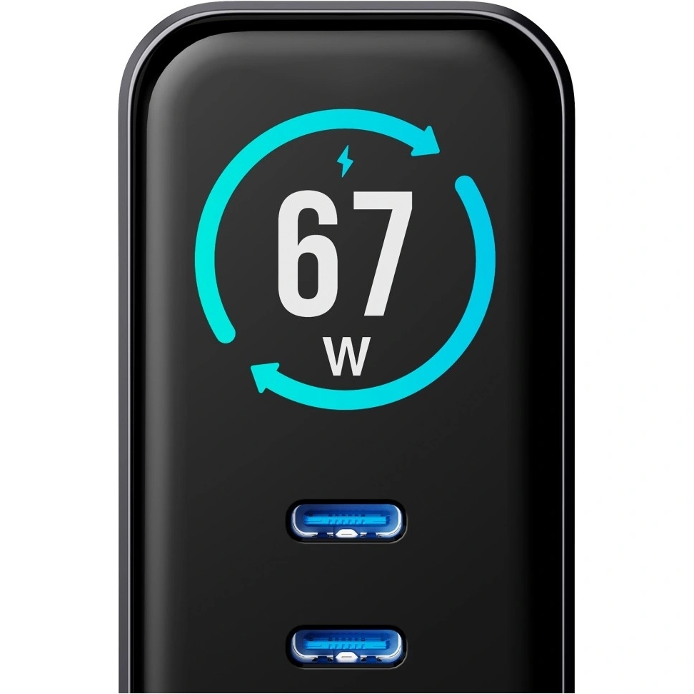 3MK InCharge Lumin Display Wall Charger, 67W, 5A, 1 x USB-A - 2 x USB-C, Black