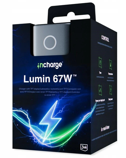3MK InCharge Lumin Display Wall Charger, 67W, 5A, 1 x USB-A - 2 x USB-C, Black
