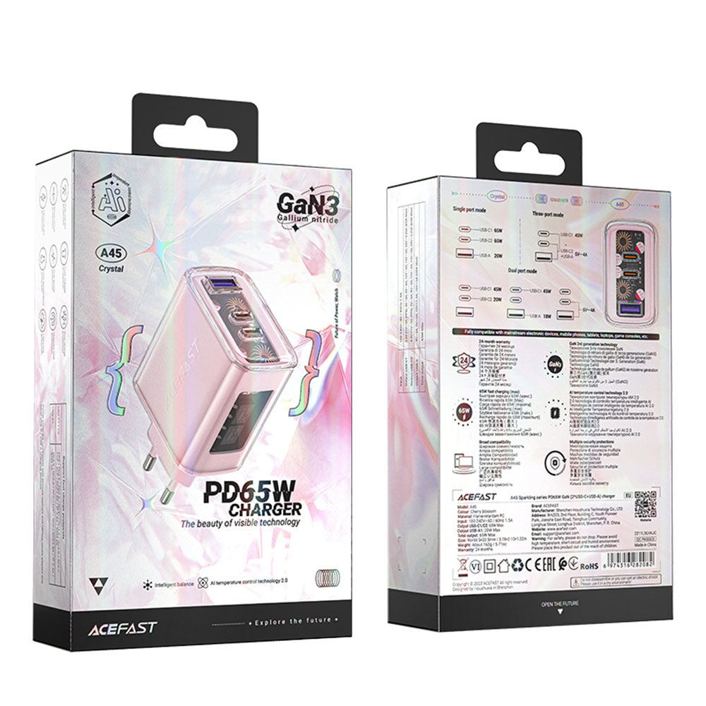 Ładowarka sieciowa Acefast A45 Exploration, 65W, 3.25A, 1 x USB-A - 2 x USB-C, Różowa