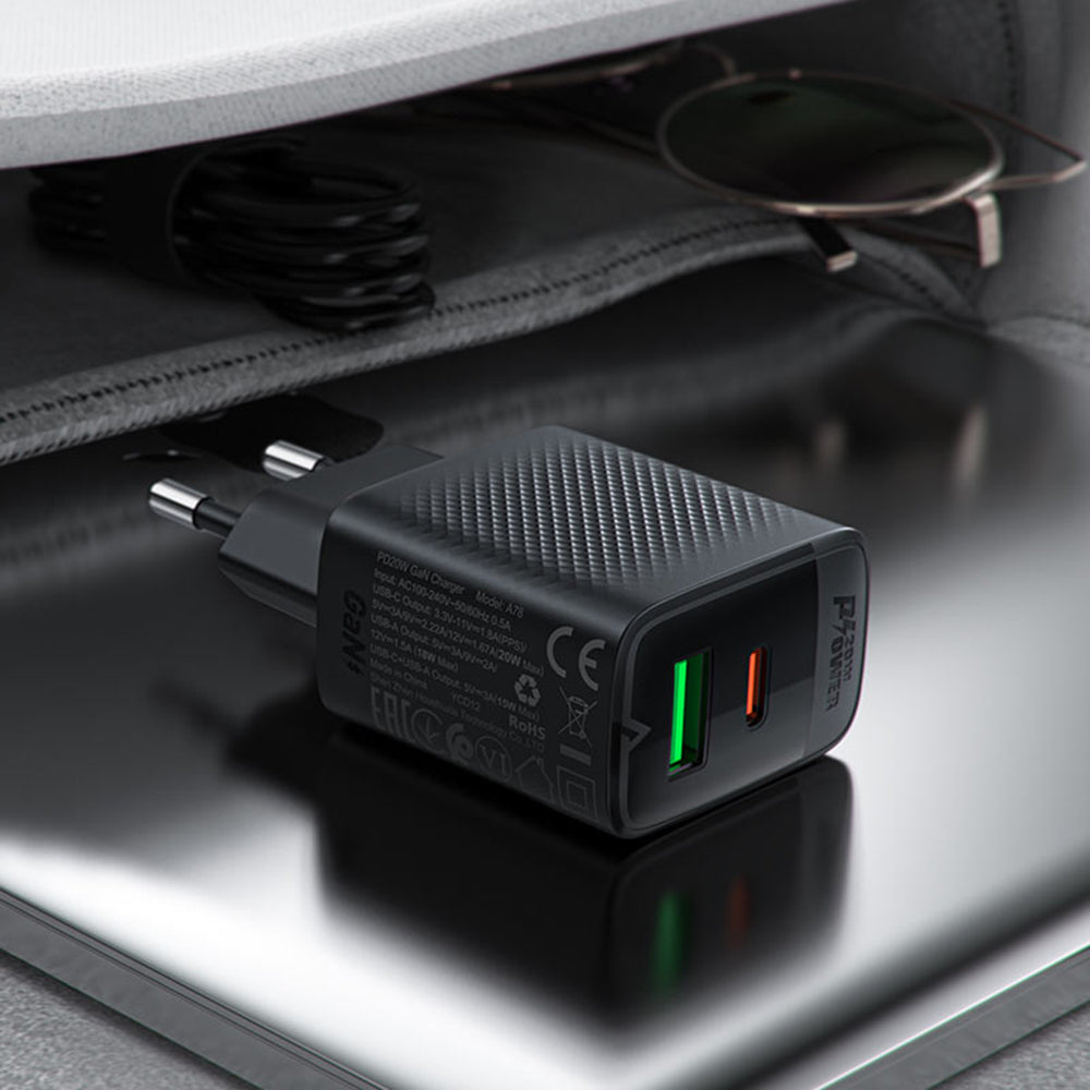 Ładowarka sieciowa Acefast A78, 20W, 3A, 1 x USB-A - 1 x USB-C, Czarny